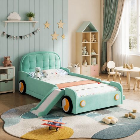 Letto bambino auto 90 x 200 cm con scivolo e scala, lati intercambiabili, blu-verde HAVRYA (1/5)