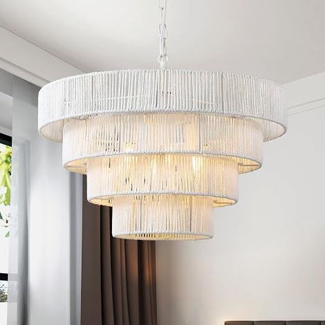 Vintage Boho Pendant Light, Rattan 50 cm, Hand-Woven Retro Ceiling Light, 4 Round Transitional Rustic Large Natural Pendant Light for Kitchen, Bedroom, Living Room, Hallway, White (1/5)