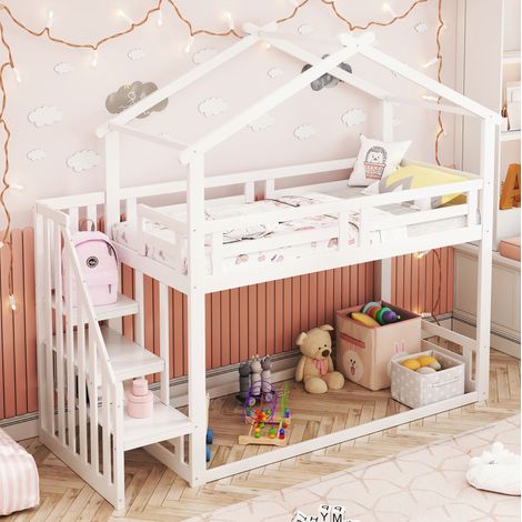 Cama litera infantil 90x200 cm, madera maciza blanca, con escalera de seguridad y somier de láminas (1/5)