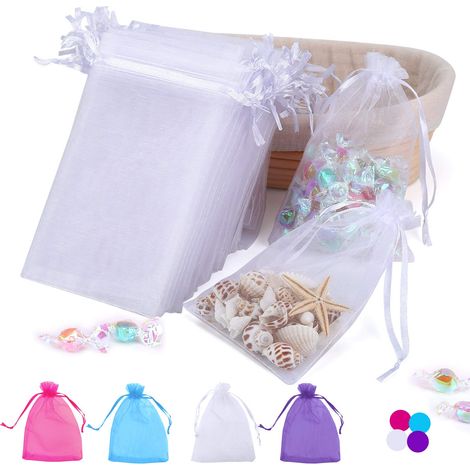 100 sachets en organza transparent de qualité supérieure, blancs, avec fermeture à tiroir, pour cadeaux de mariage, bijoux, bijoux, Noël, savons de salle de bain, maquillage, etc. (1/5)