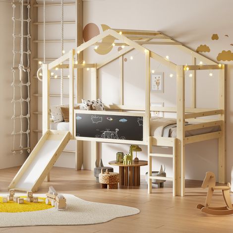 Cama alta infantil 90x200 cm madera maciza natural con tobogán, escalera y pizarra (1/5)