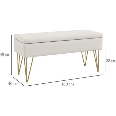 Banc en tissu avec rangement, pieds en acier, 100 x 40 x 49 cm, couleur crème (1/5)