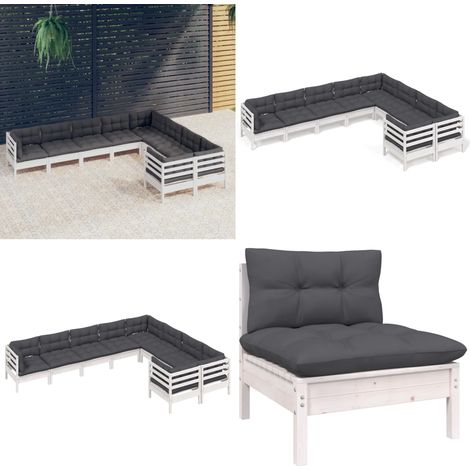9-tlg. Garten-Lounge-Set mit Kissen Weiß Kiefernholz - Garten Lounge Set - Kiefernholz Möbel - Outdoor Sessel - Gartenmöbel - Loungesessel - Home & Living (1/5)