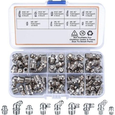60 Pices graisseur a Visser, Assortiment Graisseur M6 M8 M10, Droit Graisse Raccord 45 90 180, avec Bote en Plastique, pour quipement Mcanique, Embout de Graissage Fixations (1/5)