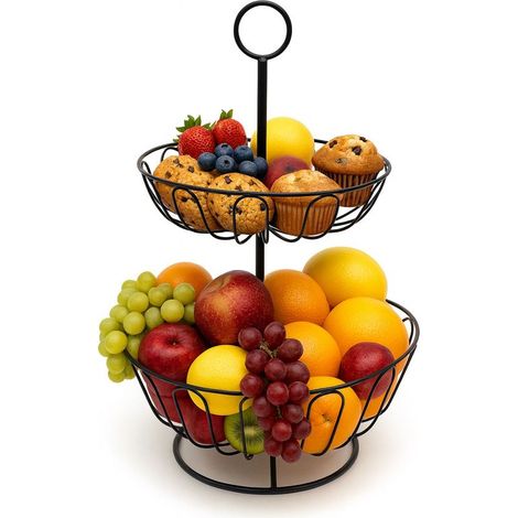 Etagère à fruits à deux niveaux, panier moderne en métal pour fruits et légumes, noir (1/5)