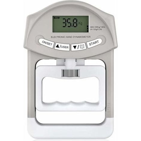 Elektronisches Handdynamometer mit einer Haltekapazität von 90 kg / 200 lbs und 19 Sätzen einzelner Scheiben. (1/5)