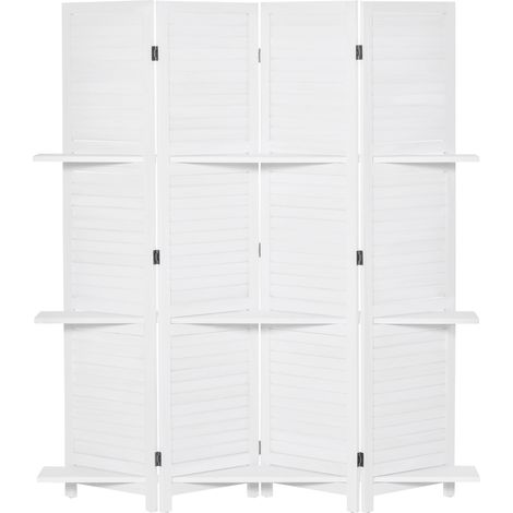 Paravent en bois massif 4 volets 160x170 cm, séparateur pliable avec 3 étagères, cloison décorative pour salon, chambre, intérieur, blanc (1/5)