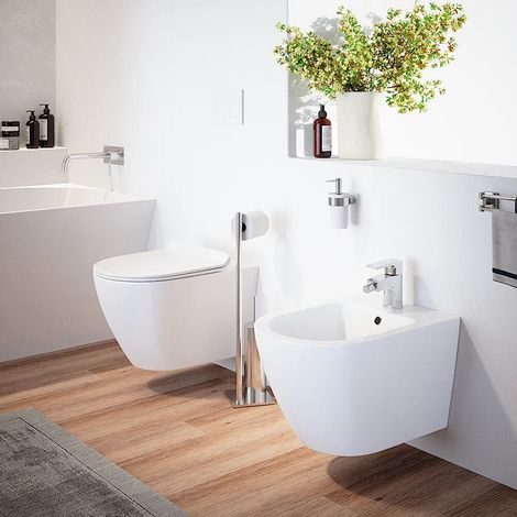 Sanitari sospesi in ceramica bianco lucido vaso rimless sedile soft close e bidet Sydney (1/4)