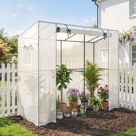Mini-Gewächshaus, Anlehn-Gewächshaus mit Rolltür und Netzfenstern, UV-beständig, für Blumen, Setzlinge, Pflanzen, Weiß (1/5)