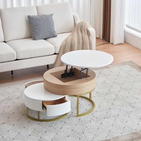 Mesas de centro nido Mesa de centro baja elevable con 2 cajones, Patas de soporte doradas, MDF, blanco (1/5)