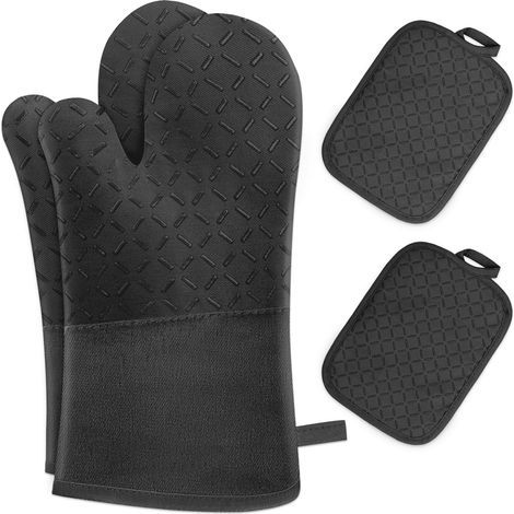Lot de 4 Gant Four Maniques Cuisine - Gant Four Anti Chaleur Jusqu'à 300 °C, Gants en Silicone Antidérapantes, en Coton Doux, 32cm Longs et Flexibles en Gant de Cuisine, Noir