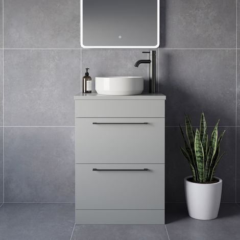 Napoli 390 Gloss Grey Pearl 600mm 2 Drawer Vanity Unit for Countertop Basins - 600mm - Gunmetal Grey 320mm Handle