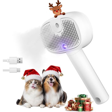Brosse à Vapeur 4-en-1 pour Chats & Chiens, Rechargeable à Auto-nettoyage (2 modes pulvérisation, réservoir grand) : Épilation, élimination poils, massage (poils longs/courts) (1/5)