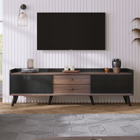 Mobile TV in stile scandinavo - Bicolore - 2 ante scorrevoli e 2 cassetti - L 160 x P 40 x H 58 cm - Nero e legno naturale (1/5)