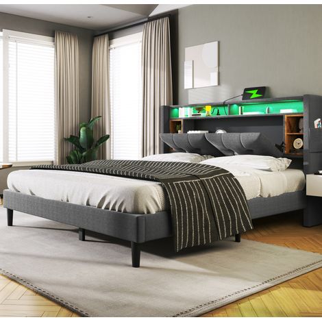 Letto imbottito moderno 160x200 cm grigio, legno massello e metallo, testiera contenitore con USB, prese, LED e rete a doghe