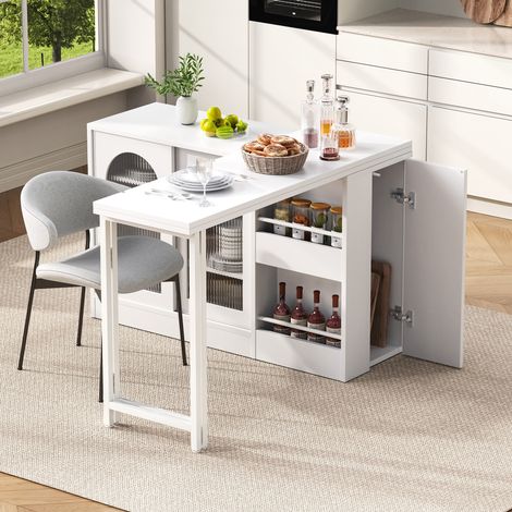 Mesa de bar extensible con almacenaje, tablero giratorio 360°, blanca HAVRYA (1/5)