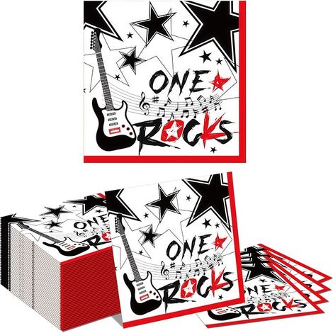 40 Nappes jetables en papier avec Rock Guitar Design pour la décoration de table d'anniversaire Disco Rouge Noir Blanc (1/4)