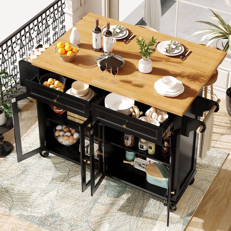 Carrello da cucina con ruote, 2 cassetti e 4 ante, tavolo da bar pieghevole/isola da cucina - Cucina/Sala da pranzo, 140×44/72×90 cm, nero (1/5)