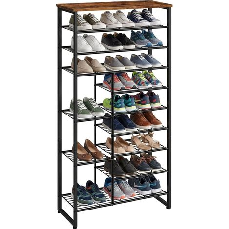 Relaxdays Scaffale per scarpe Industrial, 10 ripiani, 172,5x75x30 cm, metallo, effetto legno, nero/marrone (1/5)
