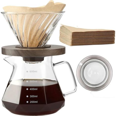 Filterkaffeemaschine, 600-ml-Karaffe aus Borosilikatglas mit 100 Papierfiltern (Größe 02), Griff und Deckel aus Walnussholz, transparent (1/5)