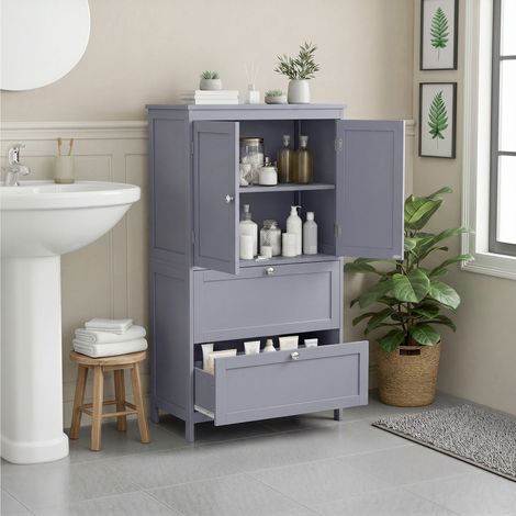 Meuble de Salle de Bain, avec 2 Portes et 2 Tiroirs, Étagères Réglables, 30 x 60 x 110 cm, Gris Tourterelle (1/5)