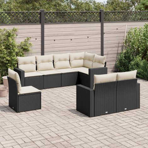 Canapé d'extérieur 8 places en résine tressée noire avec coussins - Ensemble salon jardin modulaire (1/3)