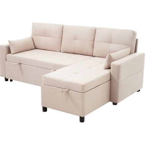 Sofá Cama Esquinero Modular con Almacenaje, Portavasos y Cojín, Lino Beige 211 x 136 x 87 cm (1/5)