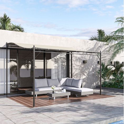 Pérgola 297x297 cm blanco crema en metal y poliéster con montaje mural y techo curvado (1/5)