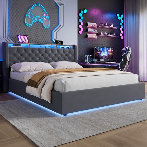 Cama tapizada 160x200 cm con arcón de almacenamiento y cabecero abatible con estante, terciopelo gris oscuro DESVIAE (1/5)