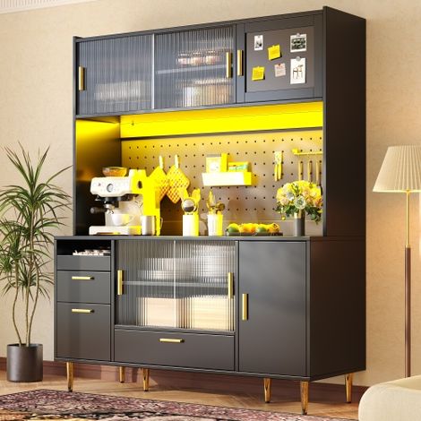 Meuble de rangement haut,avec éclairage LED et panneau perforé, meuble de cuisine 180 cm de haut avec porte coulissante en verre et porte magnétique, capacité de charge jusqu'à 60 kg, Noire (1/4)