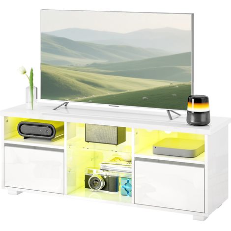 Meuble TV de 120 cm de haut, compatible avec les téléviseurs jusqu'à 55 pouces, éclairage LED, télécommande et étagères en verre blanc.