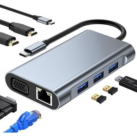 HUB USB C, Adaptateur USB C 8 en 1 avec HDMI2,VGA, USB 3.01, 2.02, PD100W, Ethernet RJ45100M, Lecteur de Carte SD/TF, Gris (1/4)