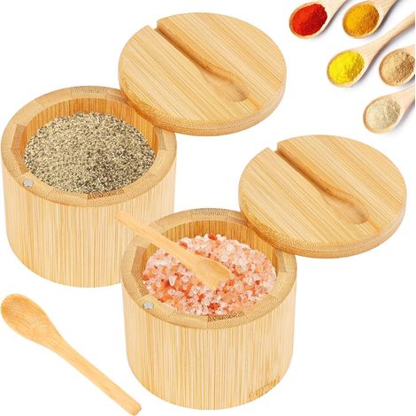 Lot de 2 Boîte à sel Bambou Couvercle magnétique Cuillère incluse Rangement épices Cuisine (1/5)