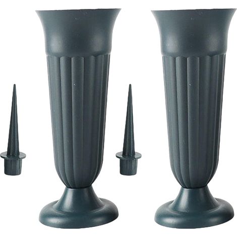 Lot de 2 vases funéraires avec piquet et socle - En plastique - Pour cimetière - Résistant au gel - Pour pierres tombales et arrangements floraux - Vert foncé (1/5)
