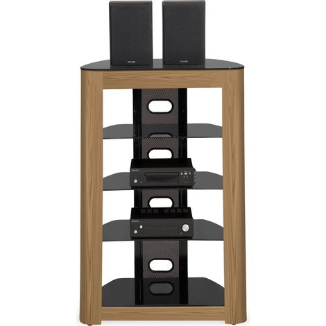 Homeology ZINNIA Black Glass Shelves with Oak Fascia 5-Shelf AV Rack Entertainment Unit Stand (1/5)