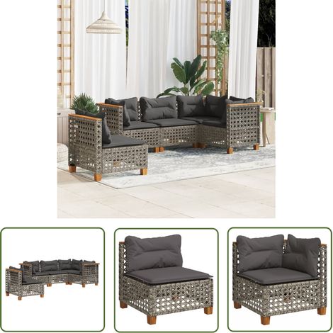 The Living Store Salon de jardin 5 pcs avec coussins gris résine tressée - Ensemble Salon De Jardin - Canapé Extérieur - Meuble De Jardin - Mobilier De Jardin - Salon De Jardin Pliable (1/5)