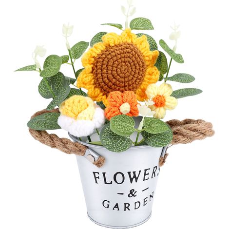 Plante en pot tournesol au crochet faite main fleurs artificielles tricotées pour salle de bain, maison, cuisine (1/5)