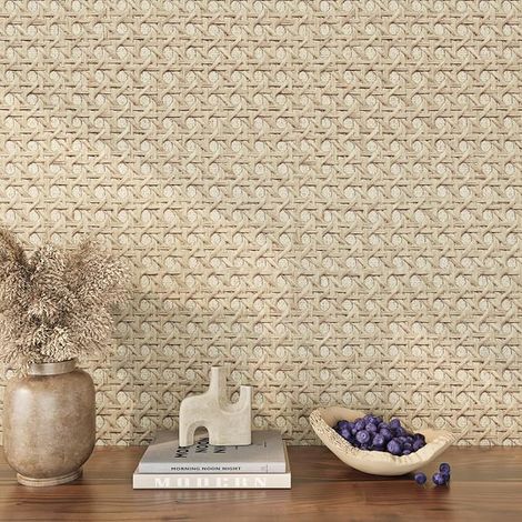 Wallpaper 40 cm x 7 m Beige Rattan Effect Vinyl Adhesive Cane for Round Table Wardrobe Roll Adhesive Decorative Furniture Bedroom Wallpaper Living Room Corridor (1/5)