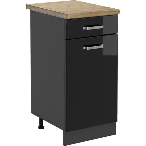 Mueble bajo de cocina R-Line, Negro brillo intenso, 40 cm , ET Roble, Vicco