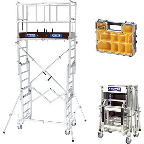 Trabattello telescopica + scala - Altezza di lavoro max 4.80m + Organizer - XTOWER-ORGANISA
