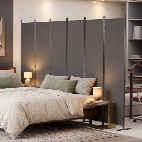 Paravent séparateur de pièce 6 panneaux 304 x 180 cm en tissu Oxford et fer gris HAVRYA (1/5)