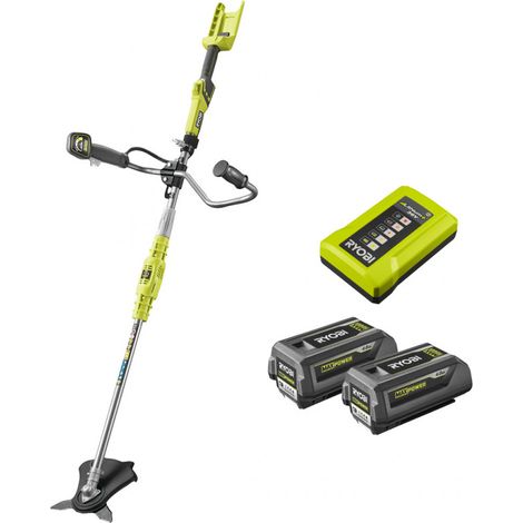 Ryobi – Débroussailleuse à batterie 36V avec 2 batteries 4,0Ah – Moteur central en ligne – Tête semi-automatique et lame taillis – Harnais confort Vertebrae™