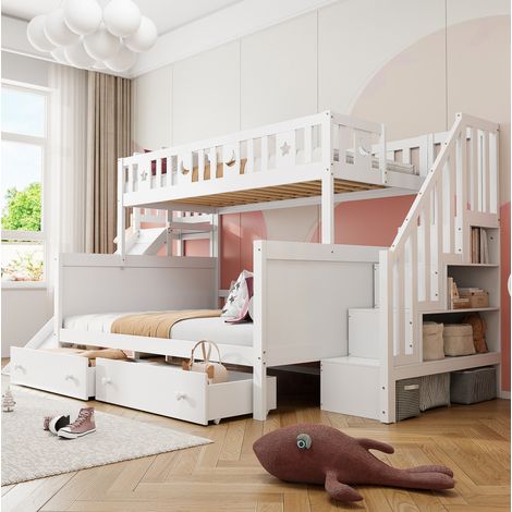Letto a castello in legno massello bianco 90x200/140x200 cm con scivolo, scala contenitore, 2 cassetti e rete inclusa (1/5)