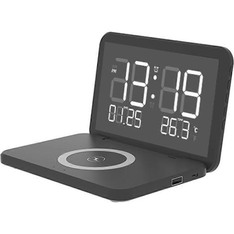 Kabelloser Wecker mit Ladefunktion, Kalender-, Temperatur- und LED-Spiegeleffektanzeige