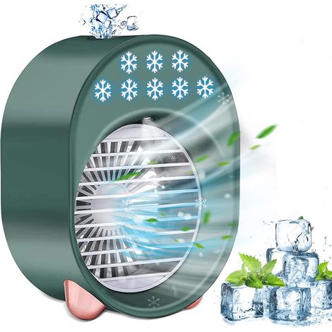 AGE Mini refroidisseur d'air portable, mini climatiseur, humidificateur d'air, ventilateur d'eau 4 en 1, 3 vitesses, 7 couleurs LED pour bureau, chambre à coucher, vert (1/3)