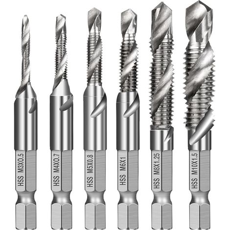 Jeu de taraud 6 tarauds avec revêtement antirouille M3 M4 M5 M6 M8 M10 Foret taraudeur Pour métal Bois Plastique Tarauds - (1/5)