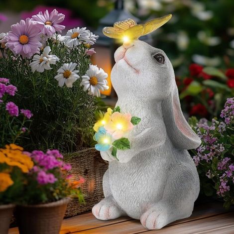 Bardusch - Statue Solaire de Jardin Lapin Ornament Outdoor, Figurine d'animal de Jardin avec Lumière Solaire, Lapin Décoratif pour la Cour, Cadeau de Pendaison de Crémaillère (1/4)