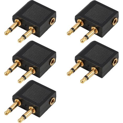 5 Pièces Adaptateur Casque Avion Plaqué Or, Adaptateur Avion Casque, Convertisseur Jack 2 Broches vers 3,5 mm, Adaptateur Audio pour Écouteurs Personnels, Compatible Systèmes Divertissement en Vol (1/5)