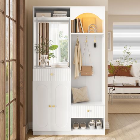 Armoire compacte  100x35x180 cm avec miroir banc echaussures crochets Meuble d entrée avec tiroirs et étagères réglables MDF Blanc