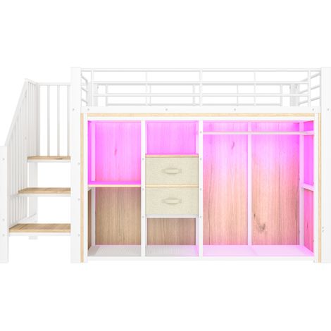 Letto a soppalco 90 x 200 cm bianco in metallo e MDF con 2 cassetti e LED multicolore (1/5)